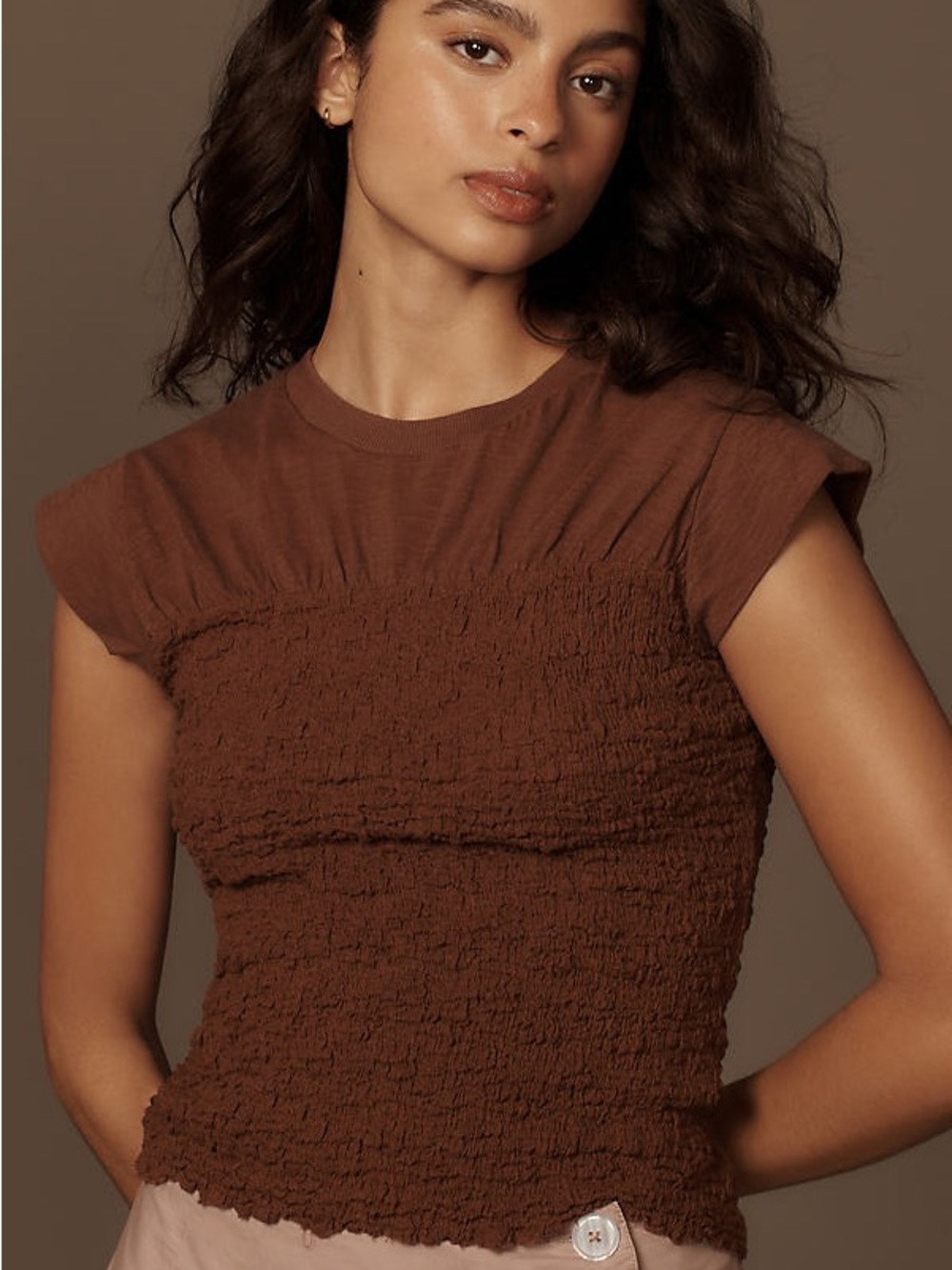Anthropologie Maeve Smocked Muscle Top in Brown